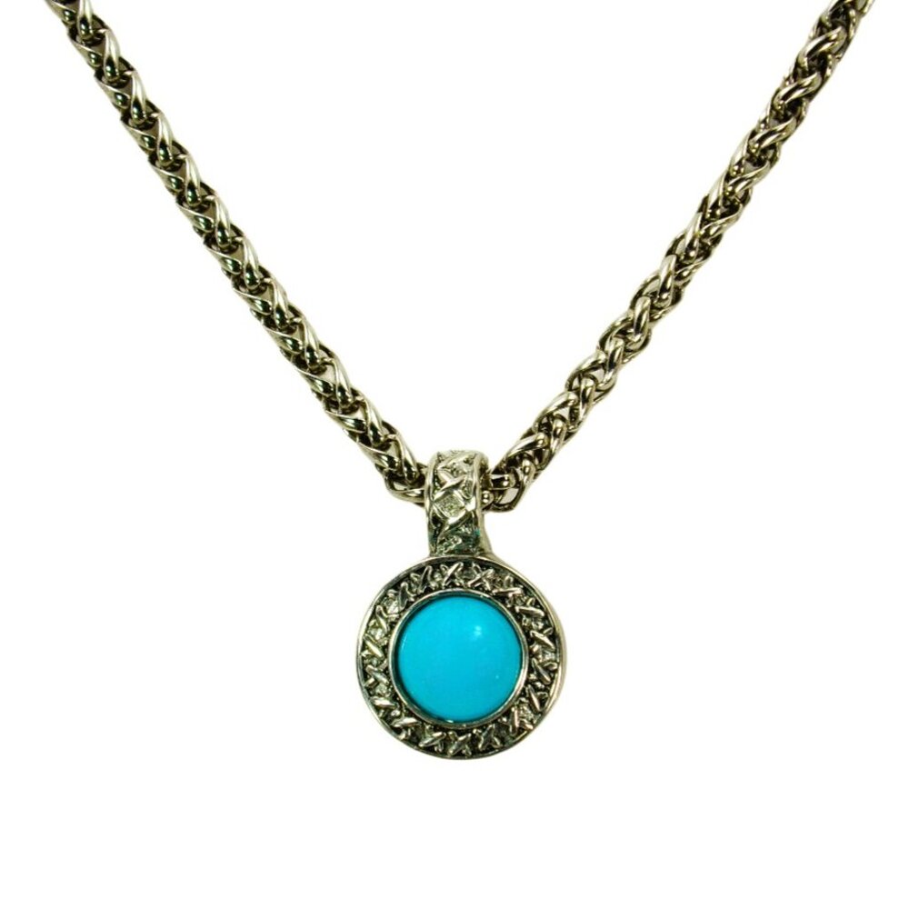Turquoise round pendant necklace with small crystals on thick silver chain